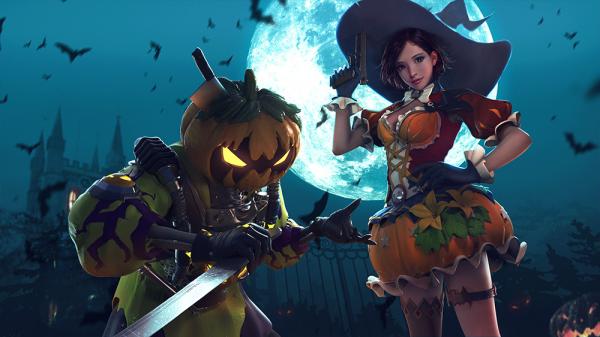 Lanternas de abóbora, espantalhos e outros elementos temáticos de Halloween no jogo
